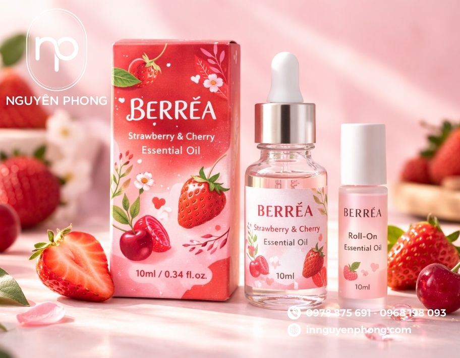 Mẫu in hộp đựng tinh dầu hương dâu 